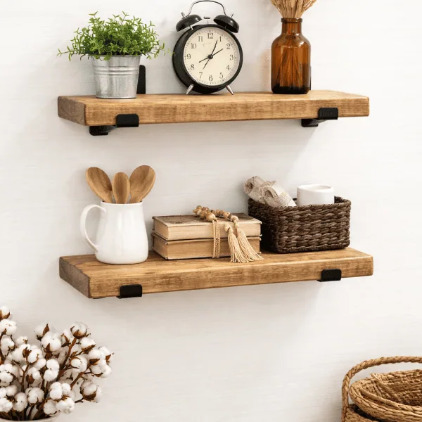 Solid pine floating shelves set of 2 with industrial brackets, wall mounted shelves for kitchen, bathroom, or entryway decor