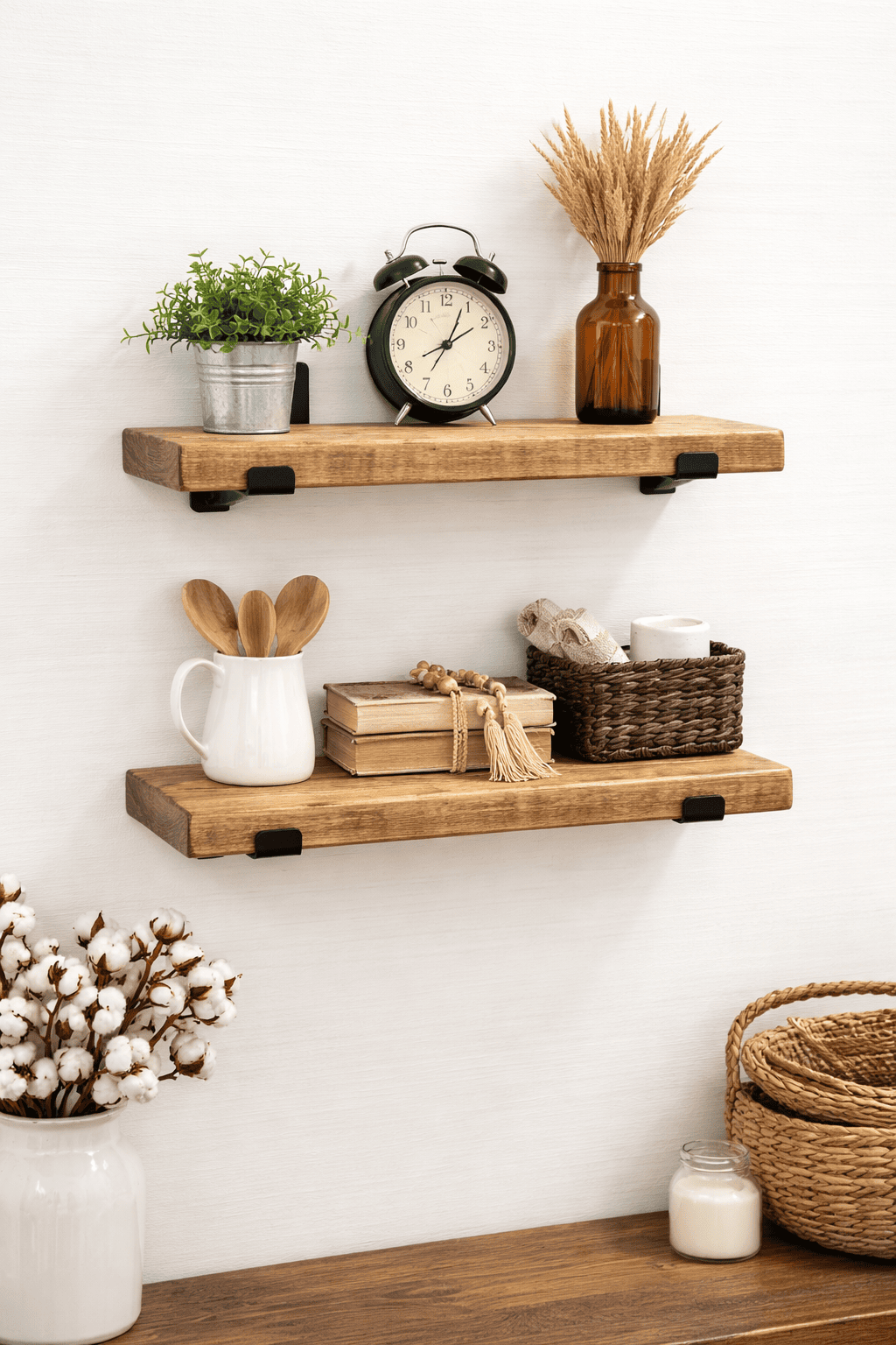Farmhouse Floating Shelf | Solid Wood Shelves on Black Metal Brackets