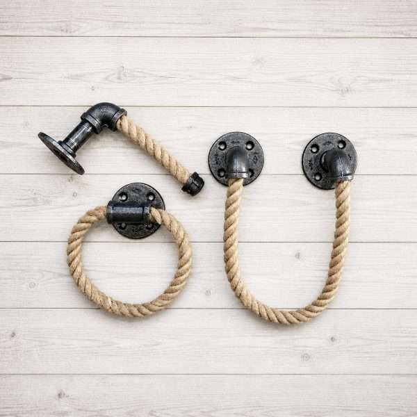Rustic rope towel holder set, rope towel holder and rope toilet paper holder and rope towel bar with industrial pipe hardware on light gray wood background, farmhouse bathroom wall decor, handmade rope ring and bar set