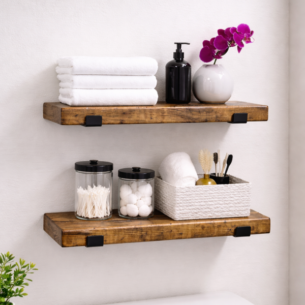 Set of 2 rustic floating wood shelves with black industrial brackets, 19 inch farmhouse wall shelves for bathroom, kitchen, or living room decor