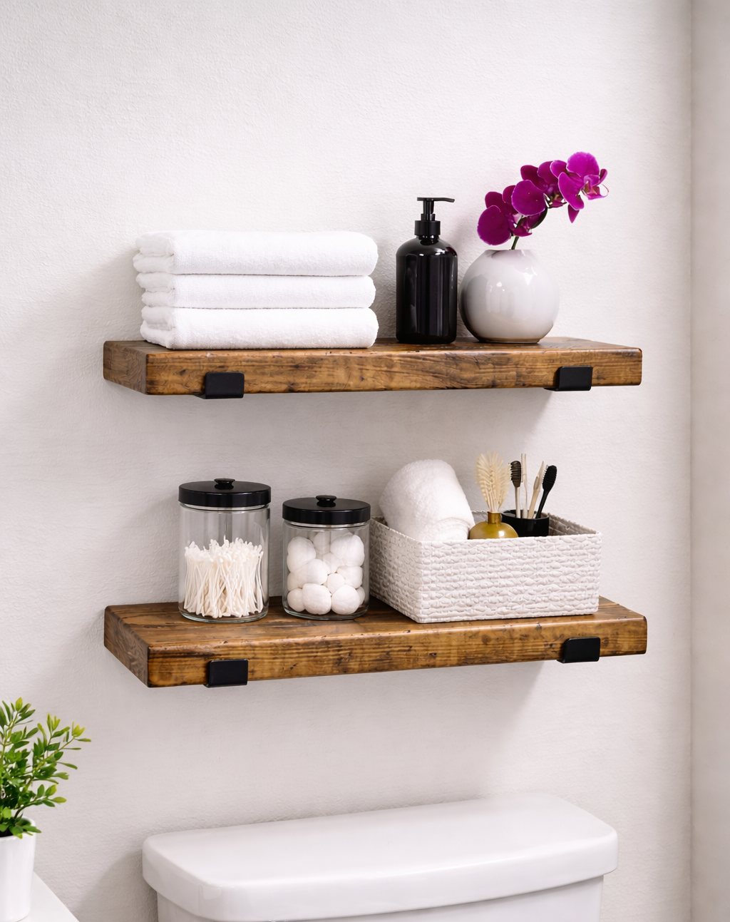 Set of 2 rustic floating wood shelves with black industrial brackets, 19 inch farmhouse wall shelves for bathroom, kitchen, or living room decor