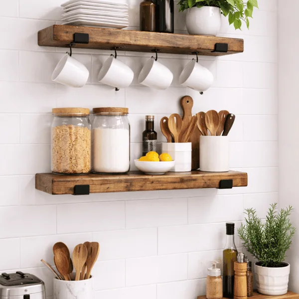 Farmhouse floating shelves with black iron brackets, rustic wood wall shelves set for storage and decoration
