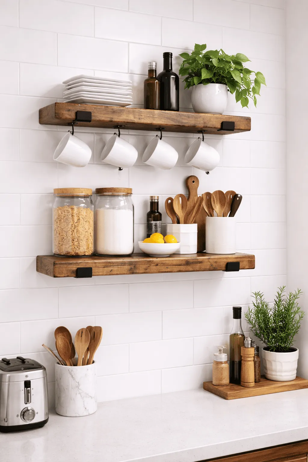 Farmhouse floating shelves with black iron brackets, rustic wood wall shelves set for storage and decoration