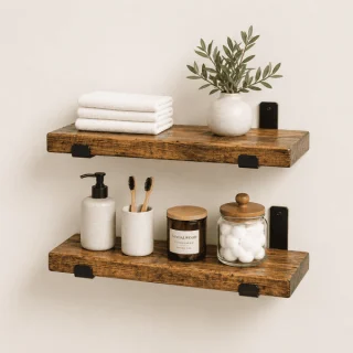 Handmade solid wood floating shelves set of two with black metal brackets, rustic farmhouse wall storage for bathroom and kitchen