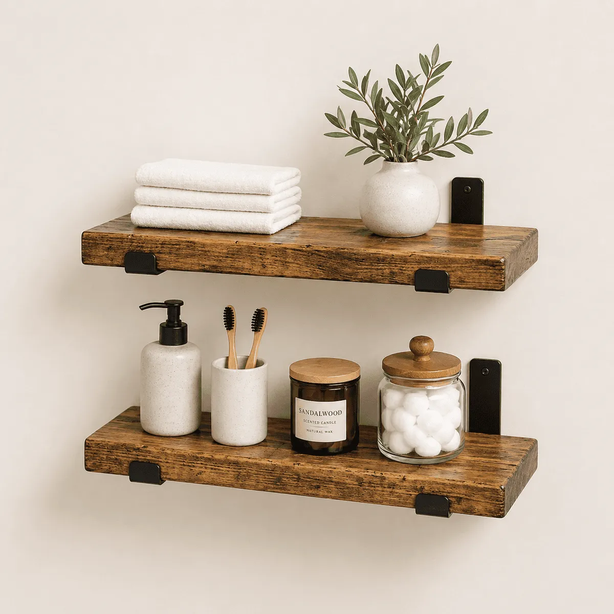 Handmade solid wood floating shelves set of two with black metal brackets, rustic farmhouse wall storage for bathroom and kitchen