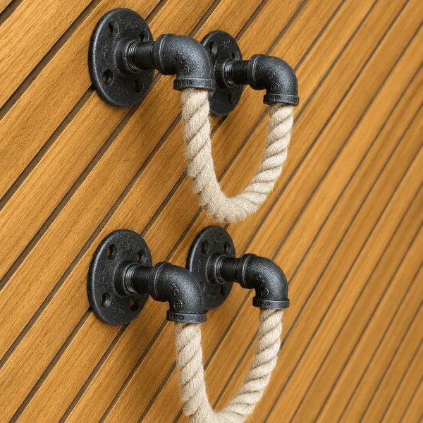 Coastal farmhouse towel holder with thick rustic rope and industrial pipe hardware