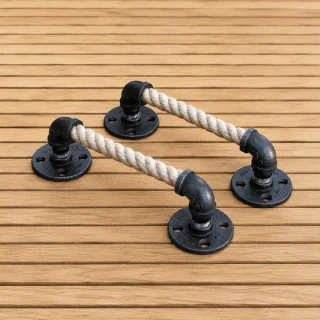 Two sample rope door handles with Dark Nickel pipe fittings on a wooden surface; each handle is sold individually