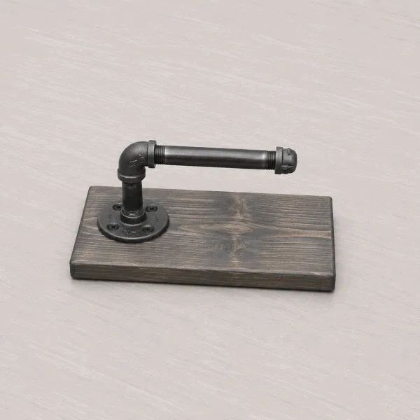 wall toilet paper holder with gray wood and metal bar