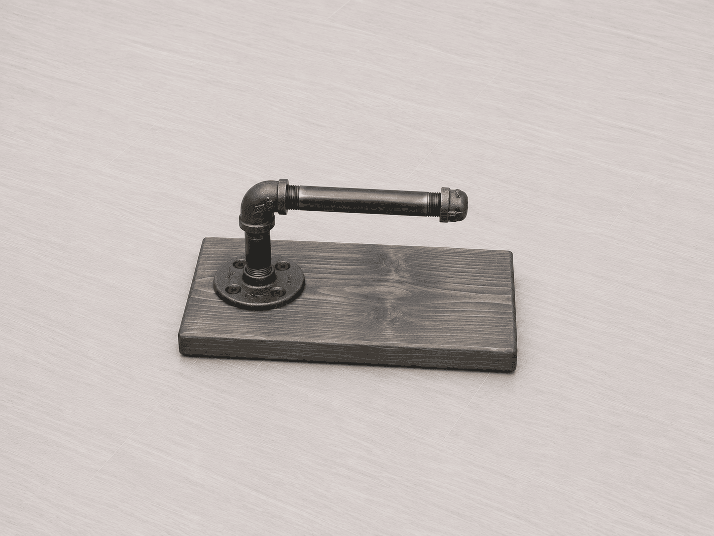 wall toilet paper holder with gray wood and metal bar