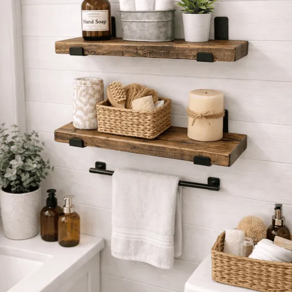 Wall mounted floating shelves set of two in rustic wood finish with industrial brackets, bathroom shelf decor idea