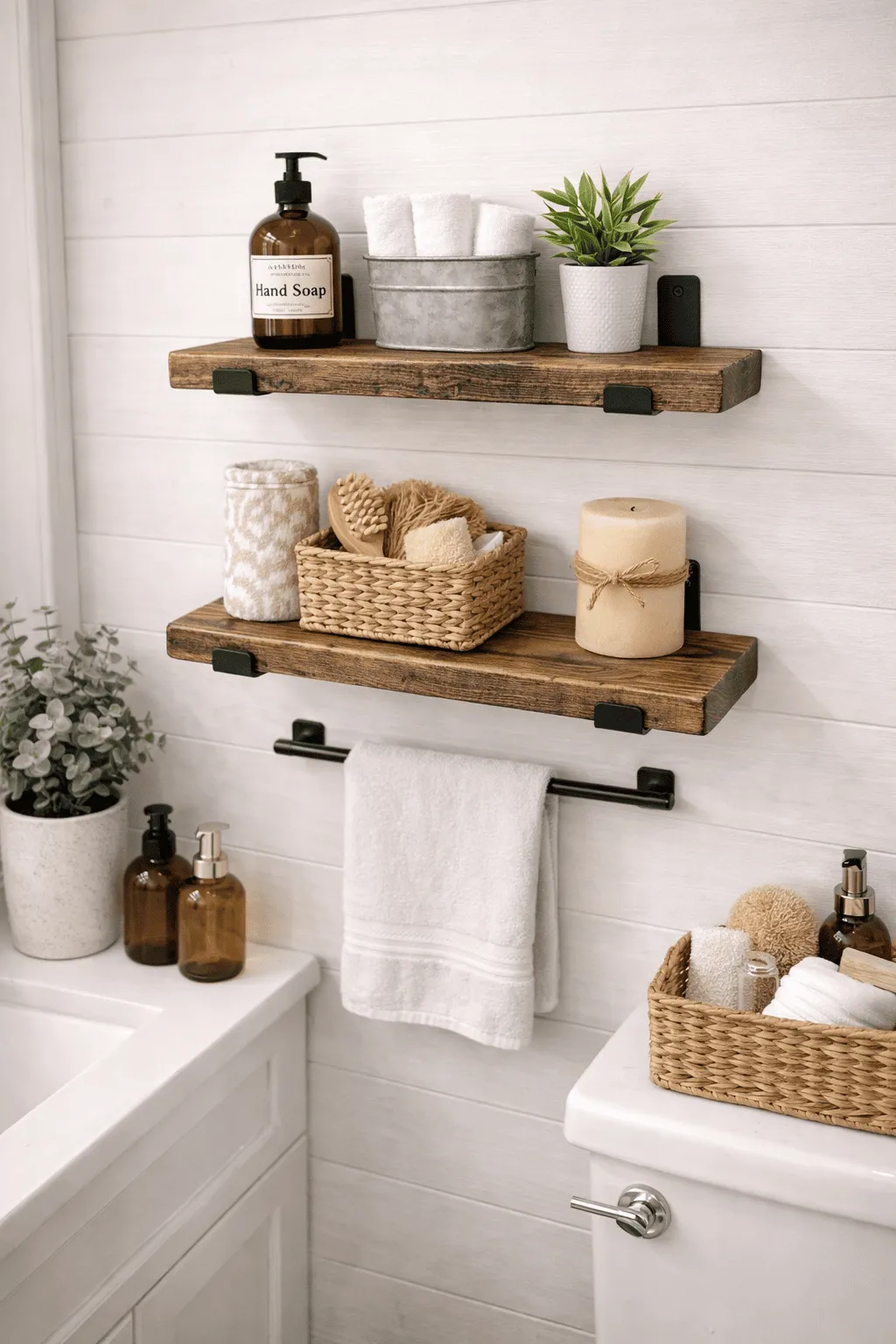 Wall mounted floating shelves set of two in rustic wood finish with industrial brackets, bathroom shelf decor idea