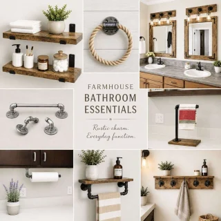 Rustic farmhouse bathroom with handmade wood mirror and decor