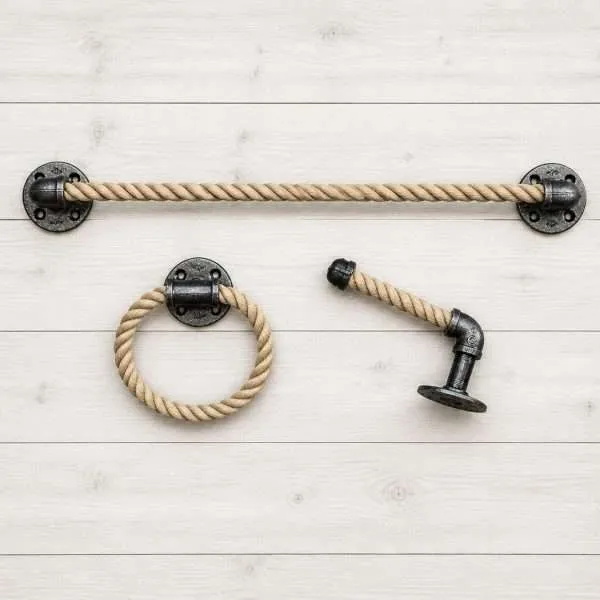 Rustic rope bathroom hardware set with towel bar, towel ring and toilet paper holder, industrial pipe fittings, farmhouse decor on light gray wood background