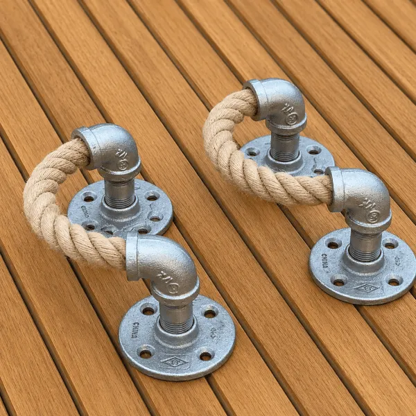 Farmhouse industrial towel rack with rope detail and silver metal pipe fittings