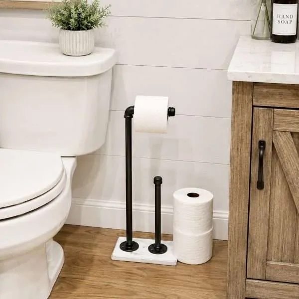 rustic coastal farmhouse toilet paper holder stand with extra rolls storage made of solid white wood and black bronze silver metal for bathroom decor