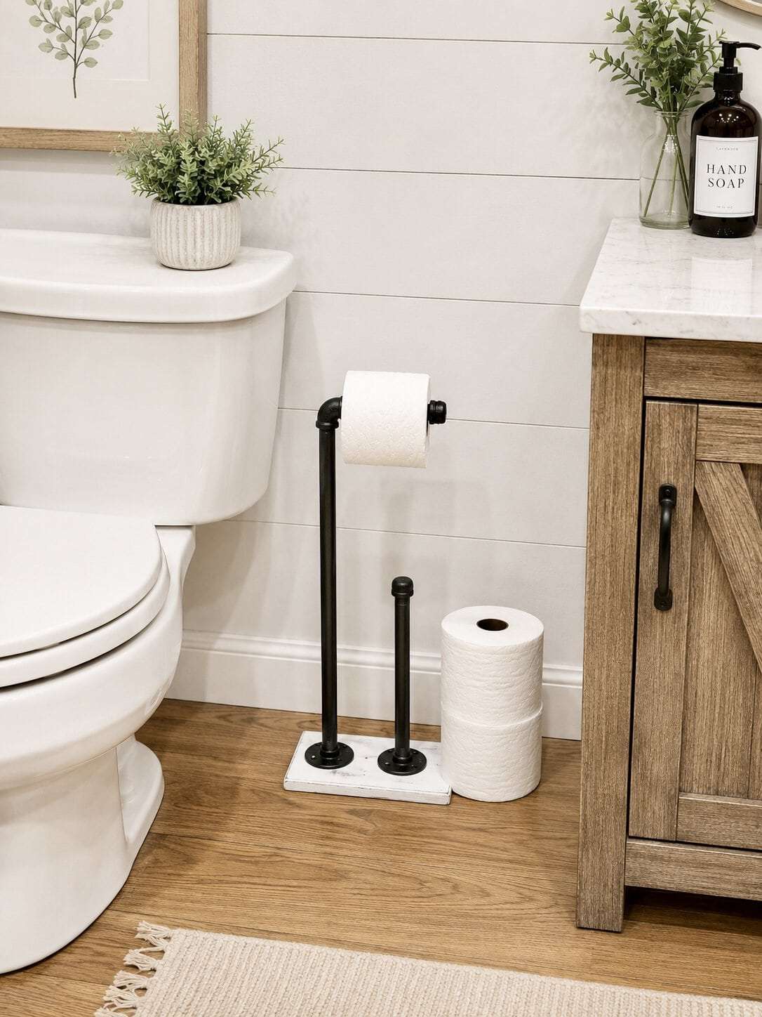 rustic coastal farmhouse toilet paper holder stand with extra rolls storage made of solid white wood and black bronze silver metal for bathroom decor