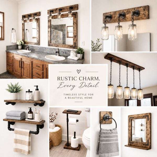 Lulight Shop farmhouse bathroom decor collage featuring mirrors and lights