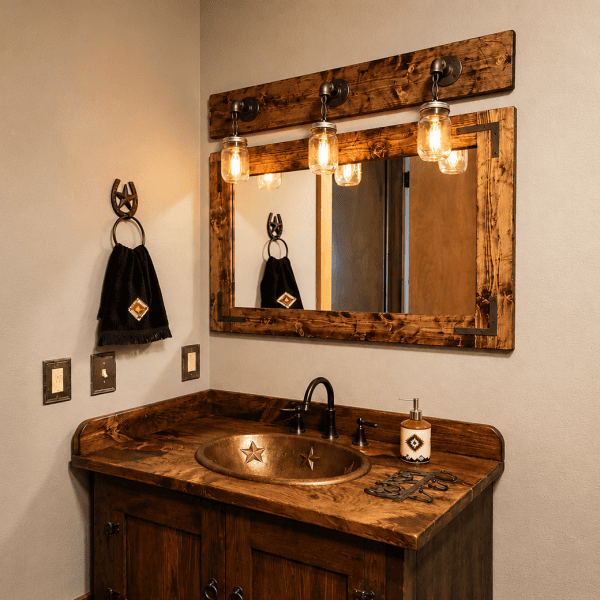 rustic distressed wood mirror with lights