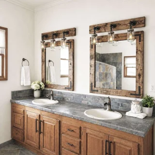 Rustic wood framed bathroom mirror with three-jar vanity light