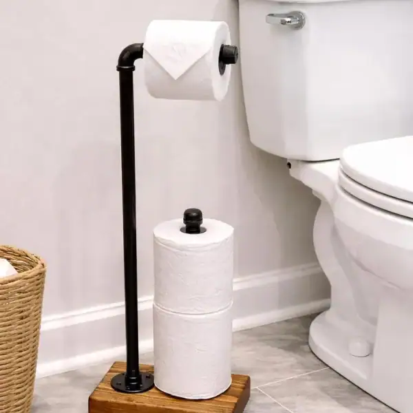 rustic farmhouse toilet paper holder stand with extra rolls storage made of solid wood and black bronze silver metal for bathroom decor