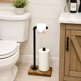 rustic farmhouse toilet paper holder stand with extra rolls storage made of solid wood and black bronze silver metal for bathroom decor