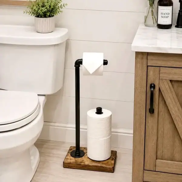 rustic farmhouse toilet paper holder stand with extra rolls storage made of solid wood and black bronze silver metal for bathroom decor