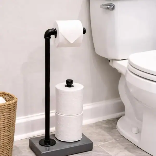 rustic farmhouse toilet paper holder stand with extra rolls storage made of solid gray wood and black bronze silver metal for bathroom decor