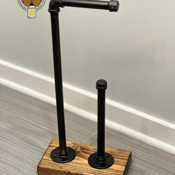 rustic farmhouse toilet paper holder stand with extra rolls storage made of solid wood and black bronze silver metal for bathroom decor