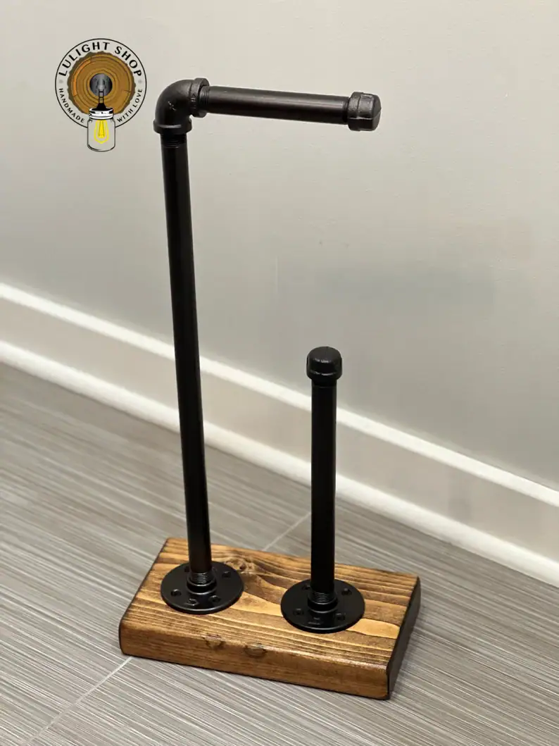 rustic farmhouse toilet paper holder stand with extra rolls storage made of solid wood and black bronze silver metal for bathroom decor