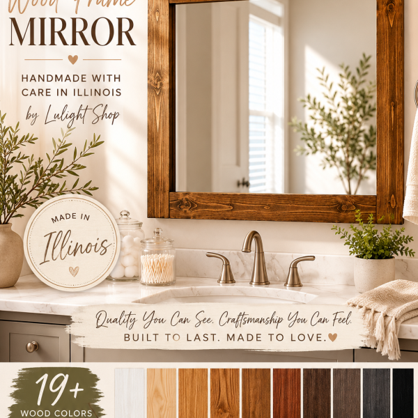 Handmade rustic wood frame bathroom mirror by Lulight Shop mounted above a white vanity with black farmhouse light fixture. Made in Illinois from solid wood with over 19 stain colors available and custom sizing.