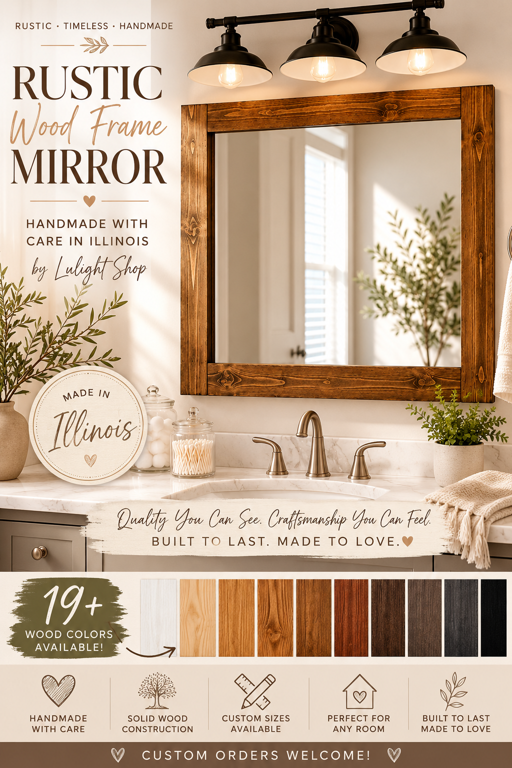 Handmade rustic wood frame bathroom mirror by Lulight Shop mounted above a white vanity with black farmhouse light fixture. Made in Illinois from solid wood with over 19 stain colors available and custom sizing.
