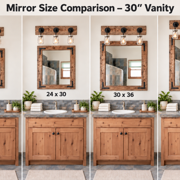 Mirror and light size comparison above a 30-inch bathroom vanity showing 20×24, 24×30, 30×36, and 30×40 rustic wood framed mirrors.