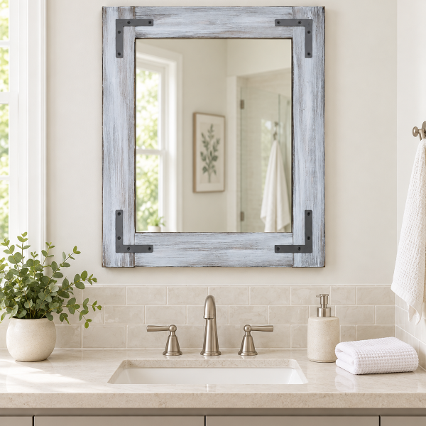 Gray whitewash wood framed bathroom mirrors set, farmhouse vanity mirrors with black metal brackets, double sink bathroom decor, handmade wood mirror USA