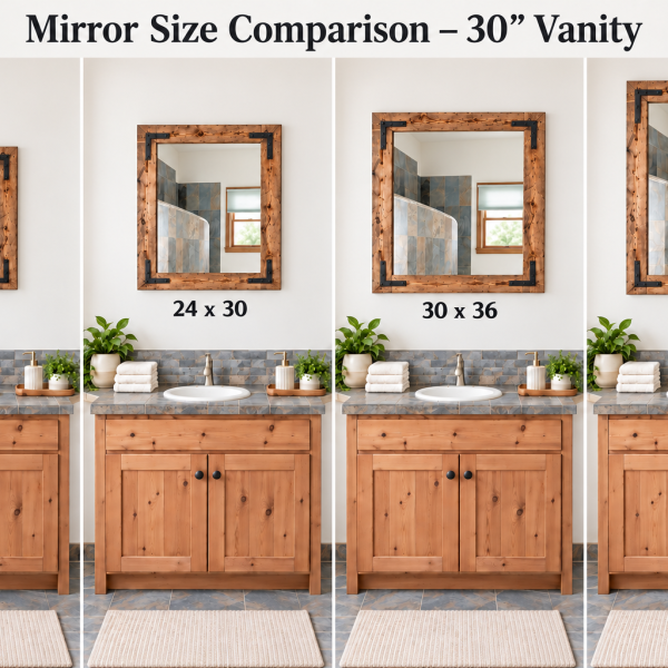 Mirror size comparison above a 30-inch bathroom vanity showing 20×24, 24×30, 30×36, and 30×40 rustic wood framed mirrors.