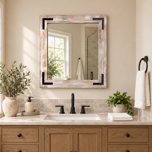 Light whitewash wood framed bathroom mirrors set, farmhouse vanity mirrors with black metal brackets, double sink bathroom decor, handmade wood mirror USA