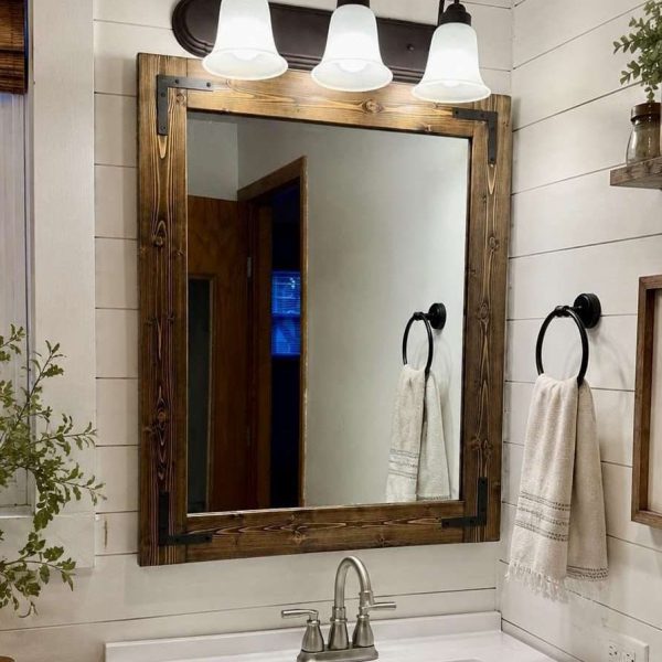 Rustic jacobean wood framed bathroom mirrors set, farmhouse vanity mirrors with black metal brackets, double sink bathroom decor, handmade wood mirror USA