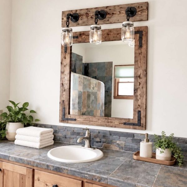 Rustic distressed wood bathroom mirror with oil rubbed bronze corner brackets