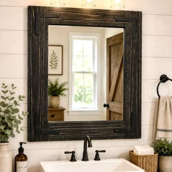 Black Distressed Wood Bathroom Mirror