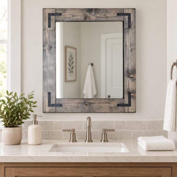 Rustic ebony wood framed bathroom mirrors set, farmhouse vanity mirrors with black metal brackets, double sink bathroom decor, handmade wood mirror USA
