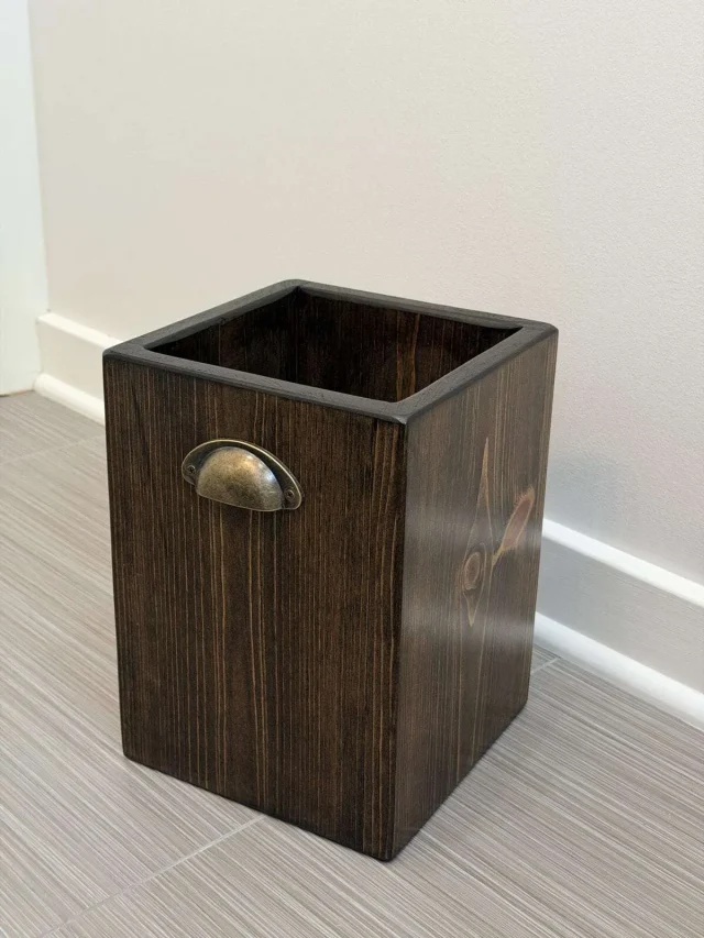 Handmade rustic solid wood bathroom storage bin with antique brass handle