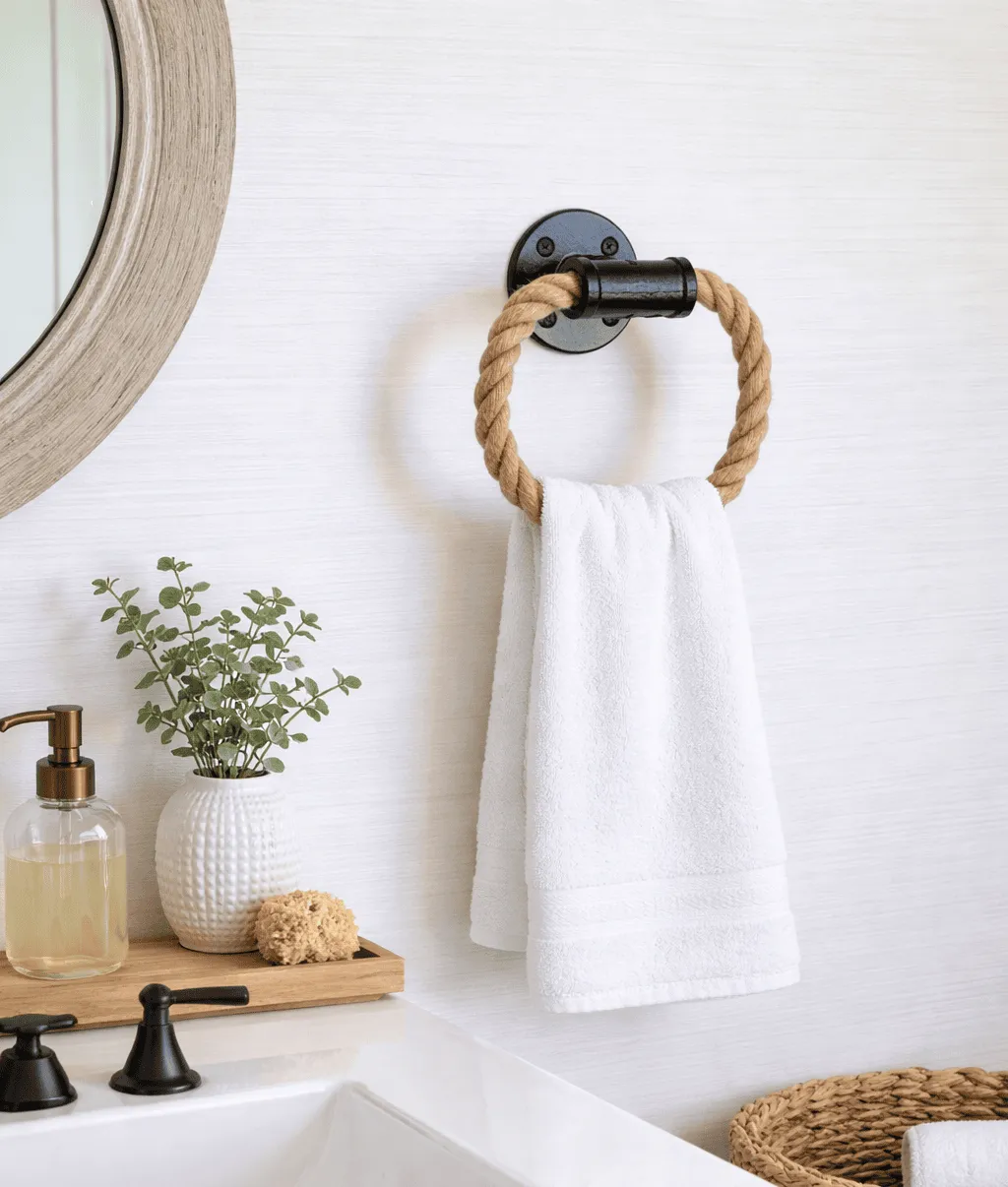 Natural rope towel ring with black pipe wall fitting and white hand towel