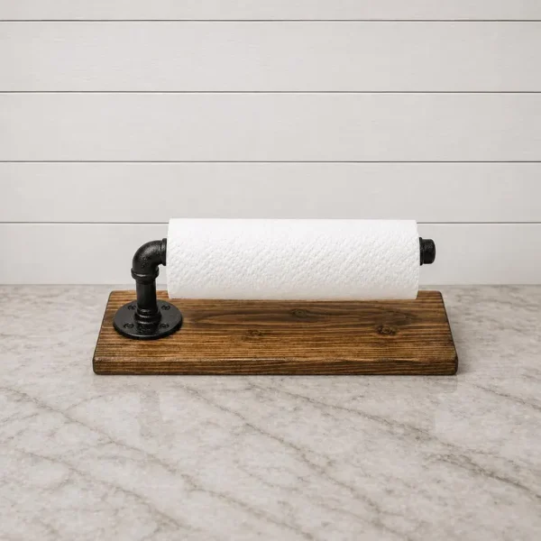 Wood-backed paper towel holder shown in Dark Walnut with an Oil Rubbed Bronze pipe arm