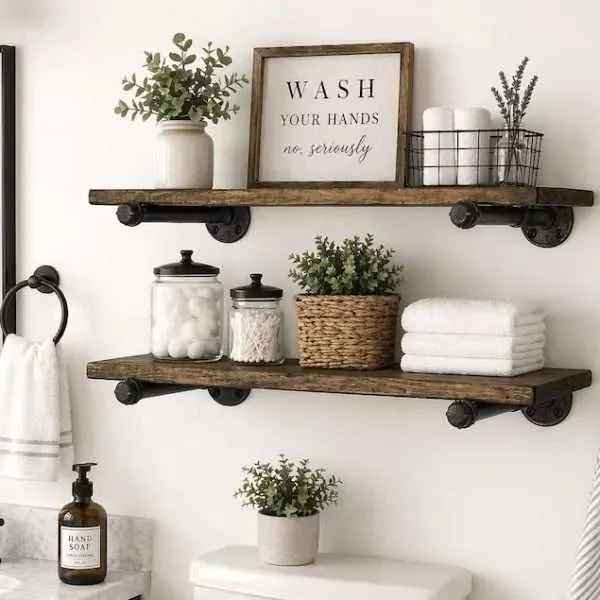 Dark Walnut Wood Shelf with Pipe Brackets