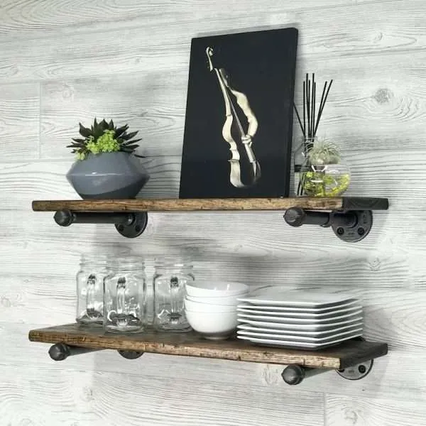 Alternative view of Rustic Distressed 7,25" Deep Wood Shelf on Pipe Brackets – Wall Display