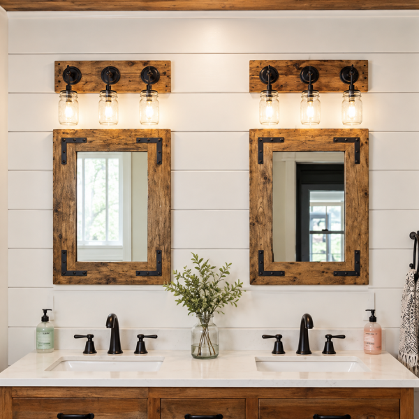 Rustic wood framed bathroom mirrors set, farmhouse vanity mirrors with black metal brackets, double sink bathroom decor, handmade wood mirror USA