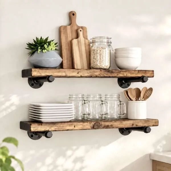 Rustic Solid Wood Shelf with Pipe Brackets