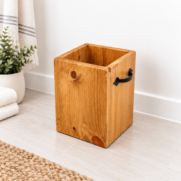 Handmade rustic wooden bathroom trash can in warm natural wood finish with black metal handle, styled against a light neutral bathroom background.