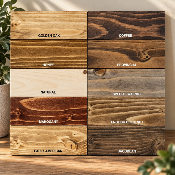 Labeled wood finish chart showing Golden Oak, Honey, Natural Pine, Mahogany, Early American and five brown wood stain options