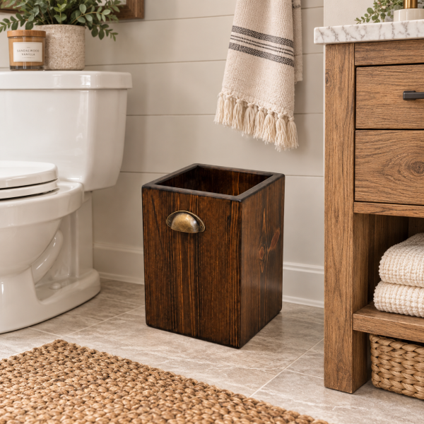 Wooden bathroom wastebasket shown in Espresso with rounded metal cup handles
