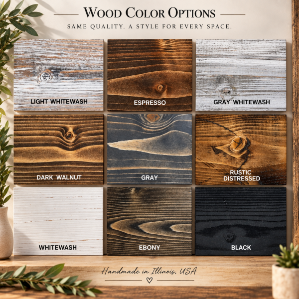 Nine labeled wood finish samples including whitewash, gray, dark walnut and black, showing natural grain